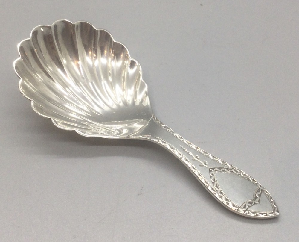 An Edwardian sterling silver caddy spoon featuring a shell-shaped fluted bowl and an engraved geometric handle.