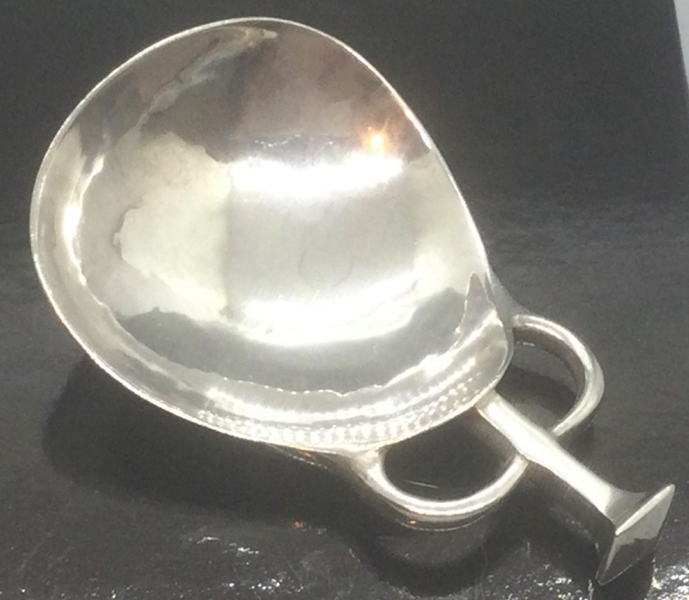 Arts & Crafts style silver caddy spoon by AE Jones 1929 View VI