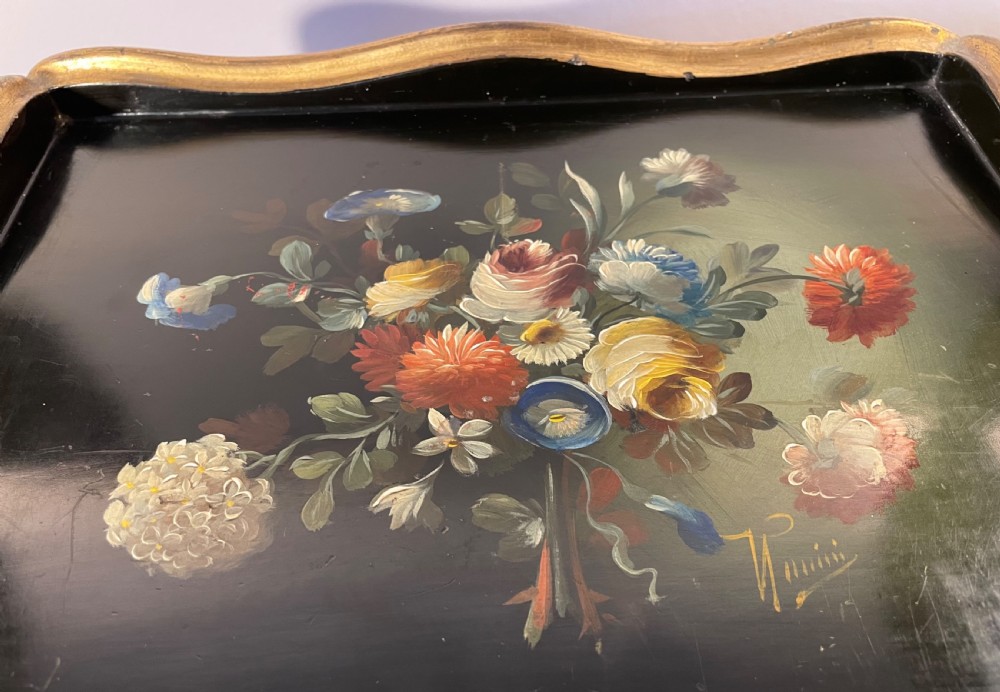 A black lacquered wooden desktop paper sorter featuring five tiered shelf slots, hand-painted floral decoration on top, and a carved gilt moulding frame. View III