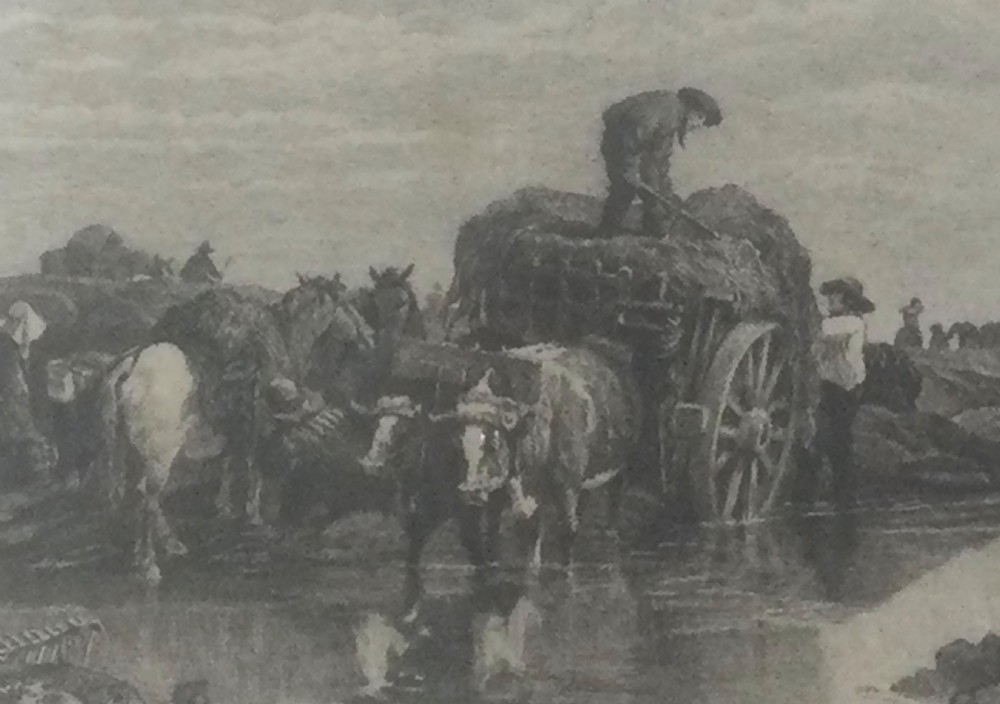 A framed nineteenth-century monochrome etching depicting figures and horse-drawn carts gathering seaweed on the Guernsey coastline. View IV