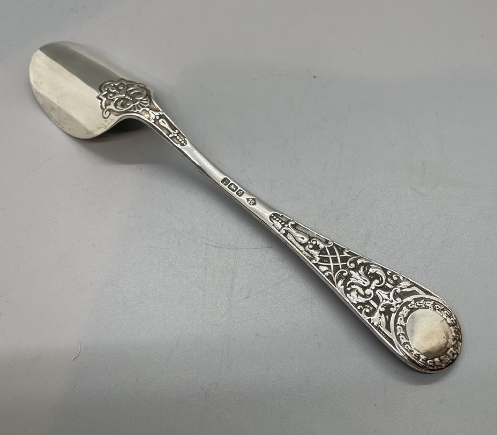 An Edwardian sterling silver stilton spoon displaying an ornate relief-carved handle with floral motifs and a polished scoop-shaped bowl. View VI