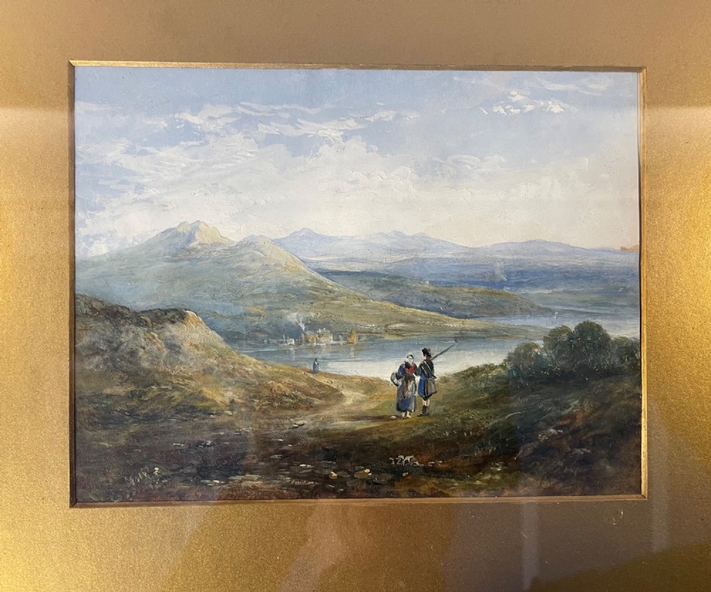 A 19th-century oil painting on panel depicting a mountainous landscape with figures near a body of water, set within a moulded gilded frame. View II