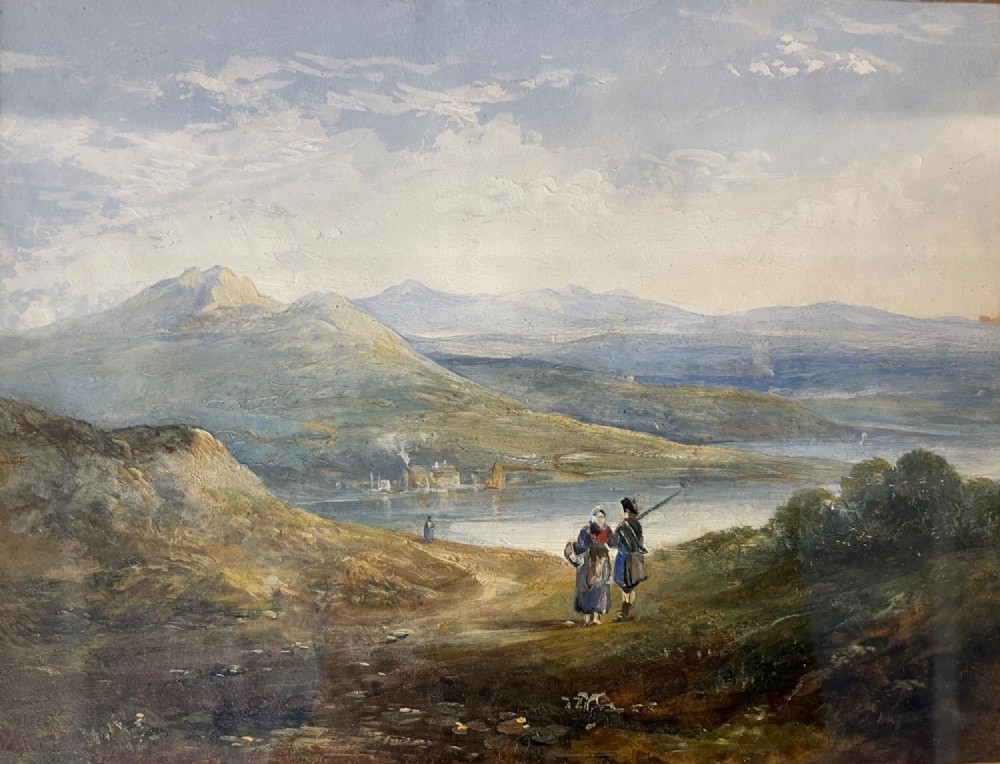 A 19th-century oil painting on panel depicting a mountainous landscape with figures near a body of water, set within a moulded gilded frame. View III