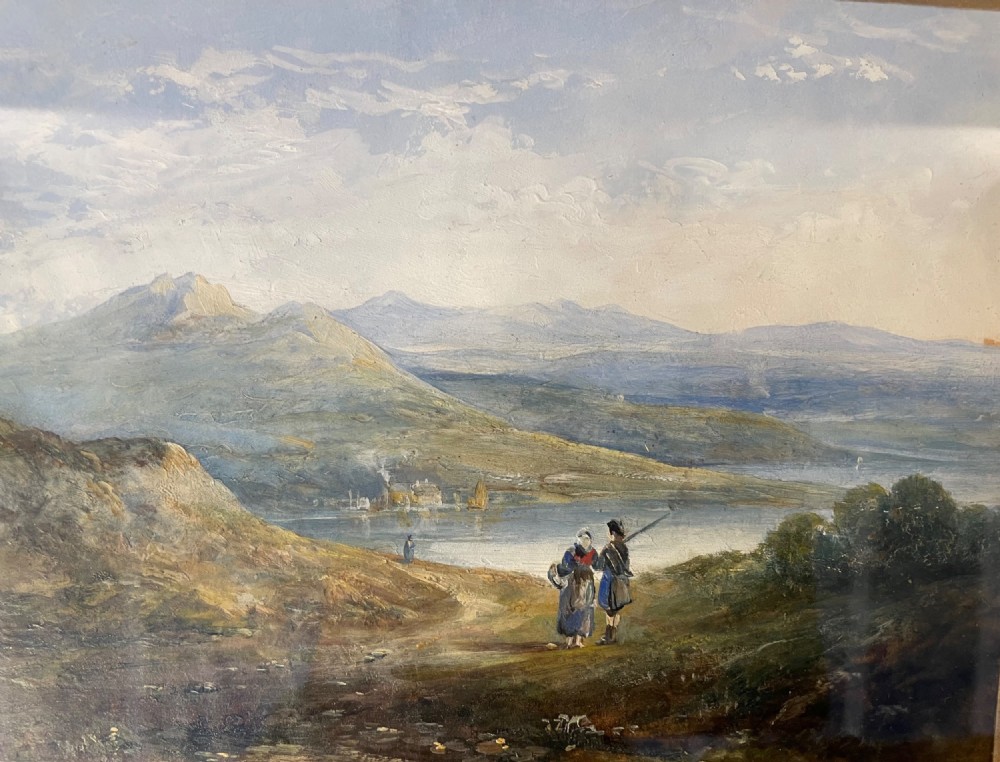 A 19th-century oil painting on panel depicting a mountainous landscape with figures near a body of water, set within a moulded gilded frame. View IV