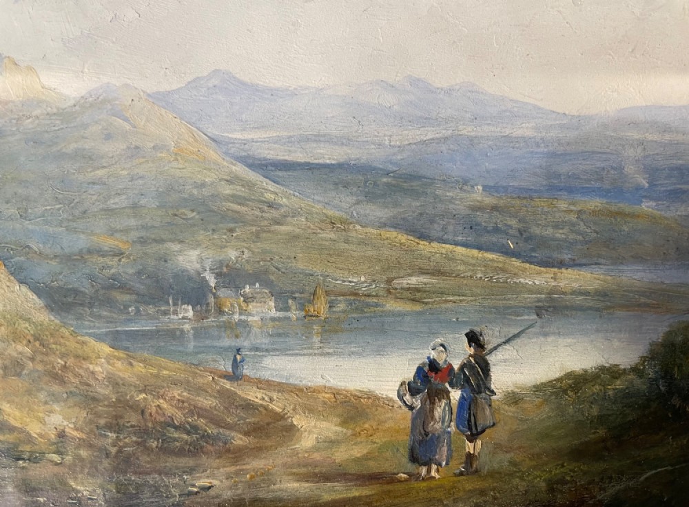 A 19th-century oil painting on panel depicting a mountainous landscape with figures near a body of water, set within a moulded gilded frame. View V
