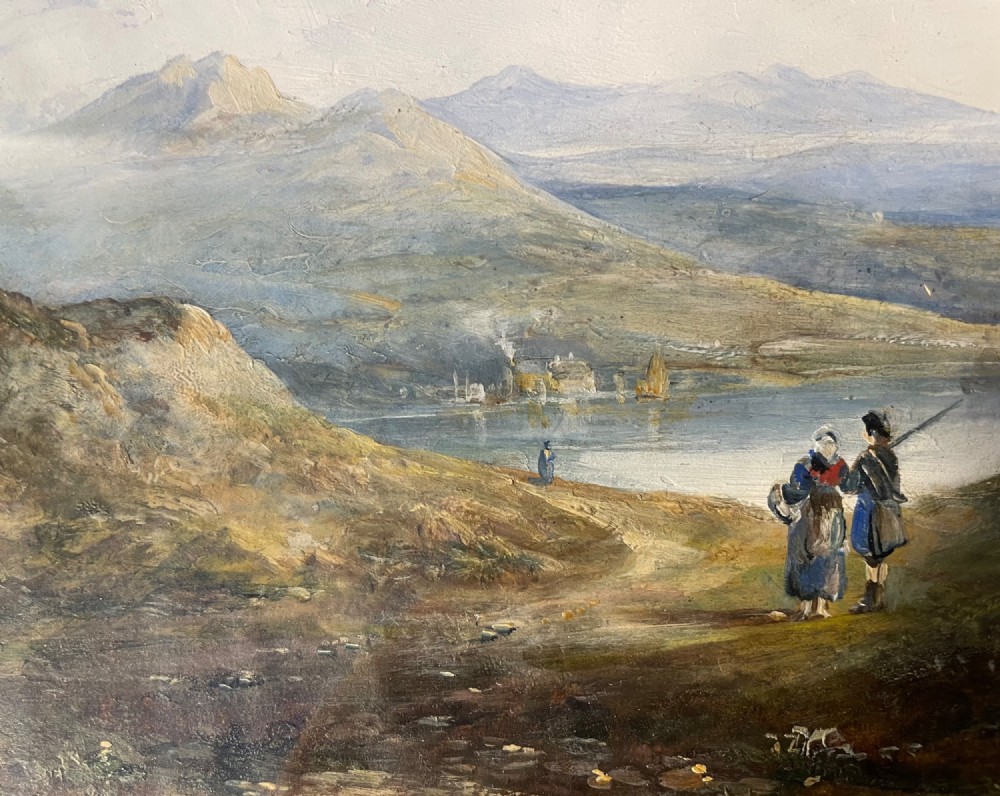 A 19th-century oil painting on panel depicting a mountainous landscape with figures near a body of water, set within a moulded gilded frame. View VI