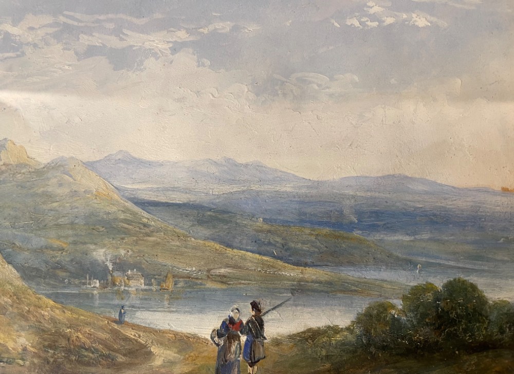 A 19th-century oil painting on panel depicting a mountainous landscape with figures near a body of water, set within a moulded gilded frame. View VII