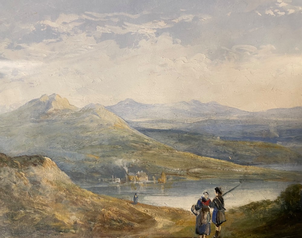 A 19th-century oil painting on panel depicting a mountainous landscape with figures near a body of water, set within a moulded gilded frame. View VIII