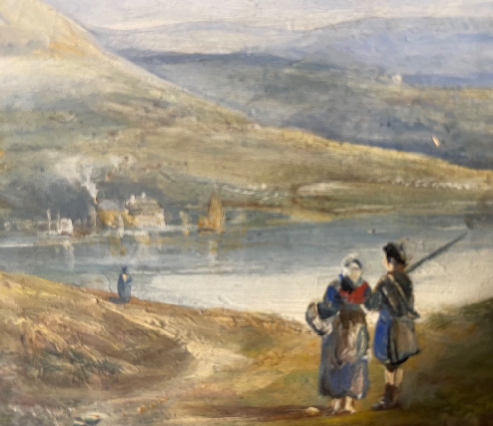 A 19th-century oil painting on panel depicting a mountainous landscape with figures near a body of water, set within a moulded gilded frame. View X