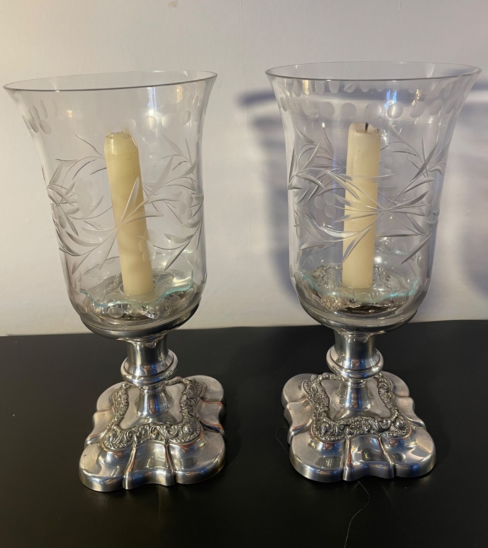 Quality pair silver plate  hurricane candle stands c1960
