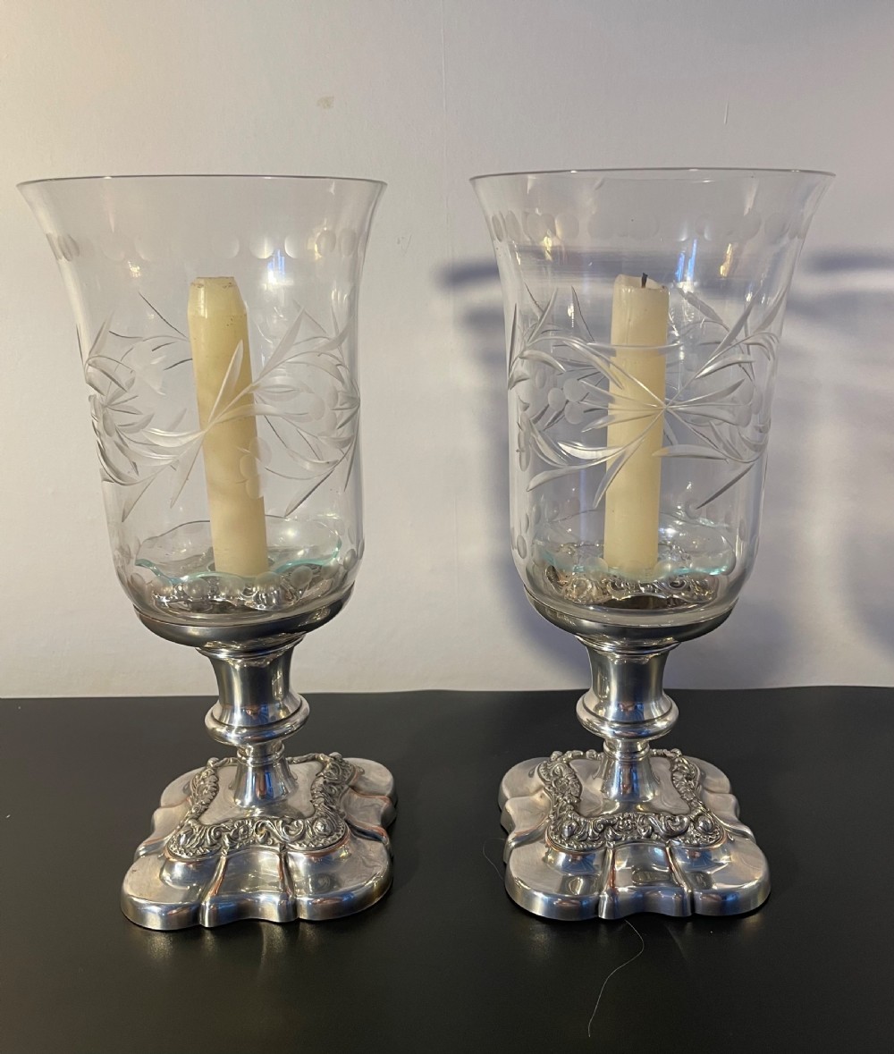 Quality pair silver plate  hurricane candle stands c1960 View II