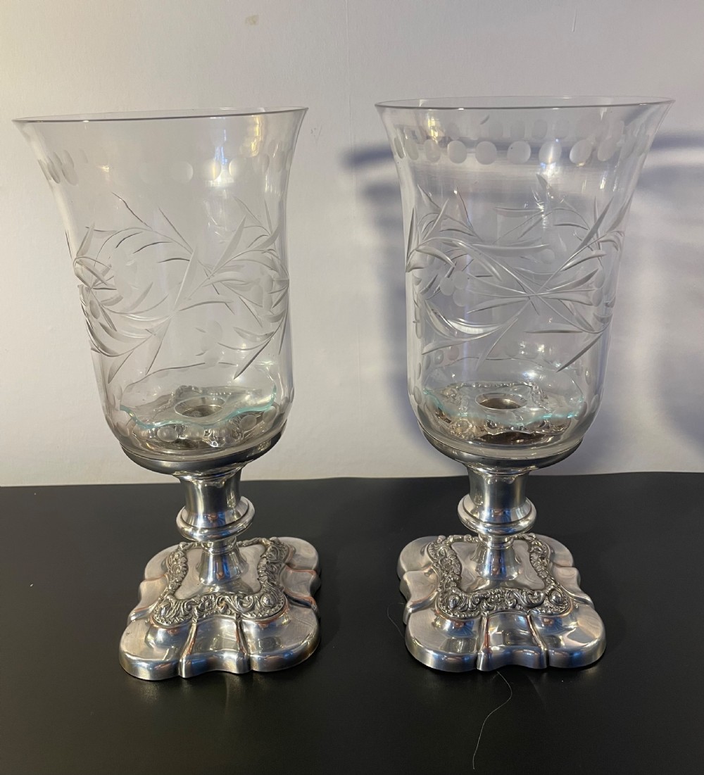 Quality pair silver plate  hurricane candle stands c1960 View III