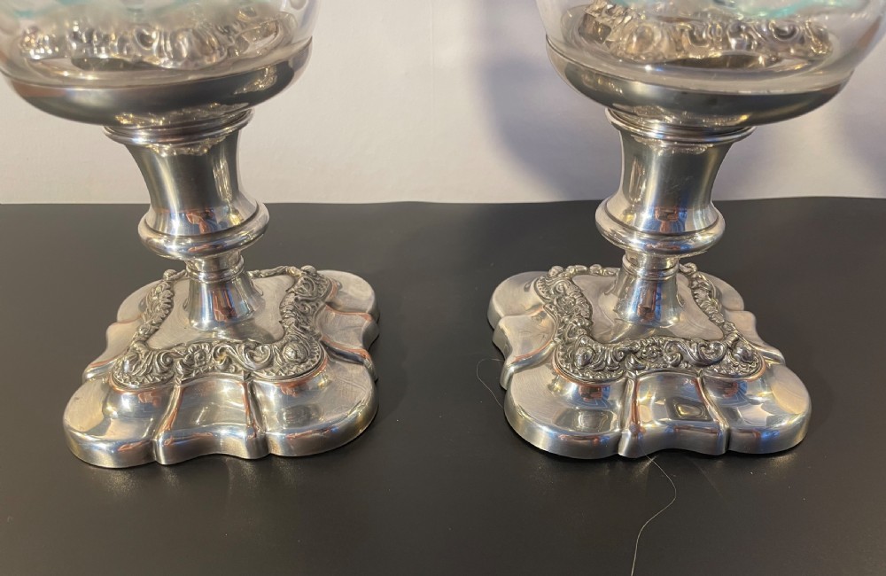 Quality pair silver plate  hurricane candle stands c1960 View IV