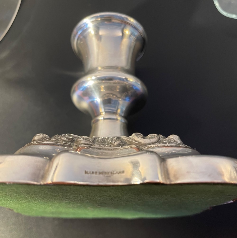 Quality pair silver plate  hurricane candle stands c1960 View X