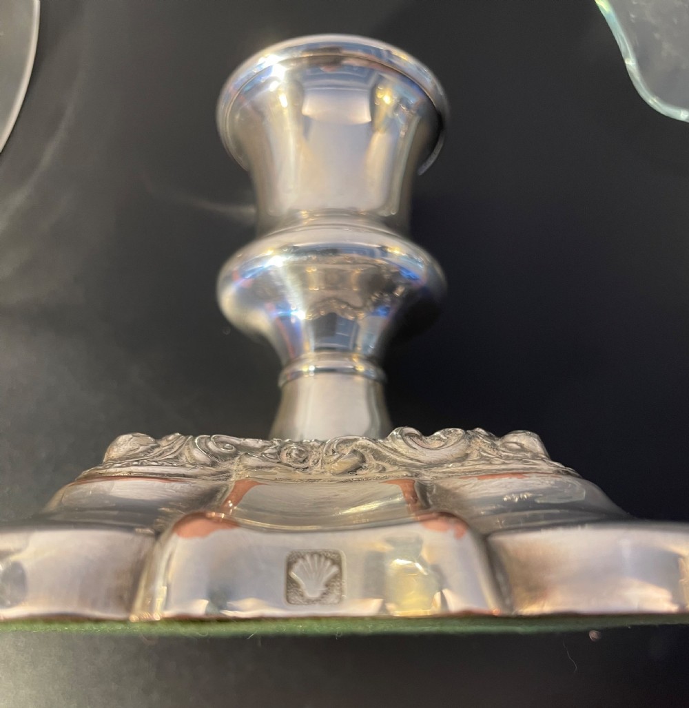 Quality pair silver plate  hurricane candle stands c1960 View XI