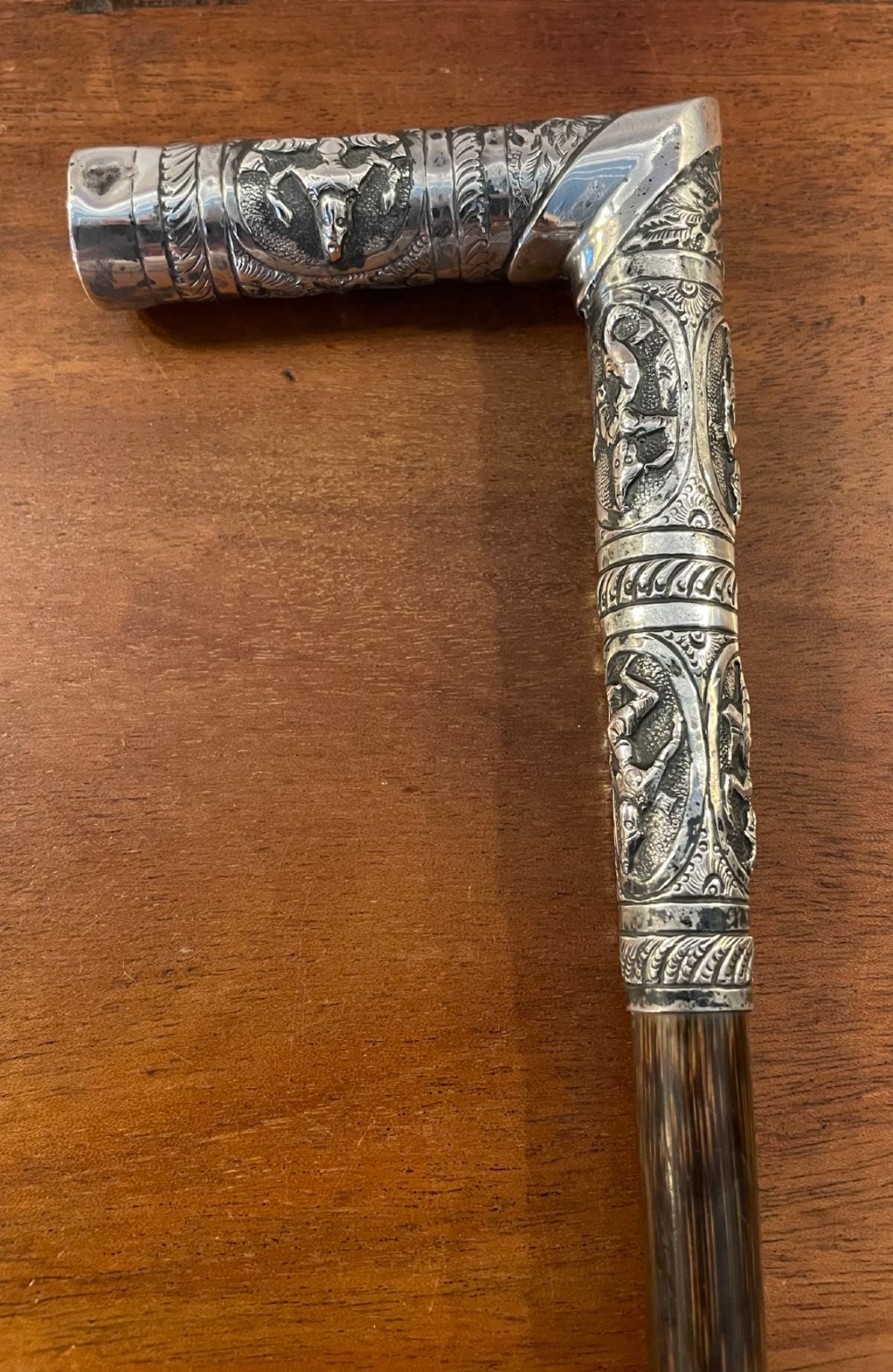 Interesting Asian silver bamboo walking stick cane c1900