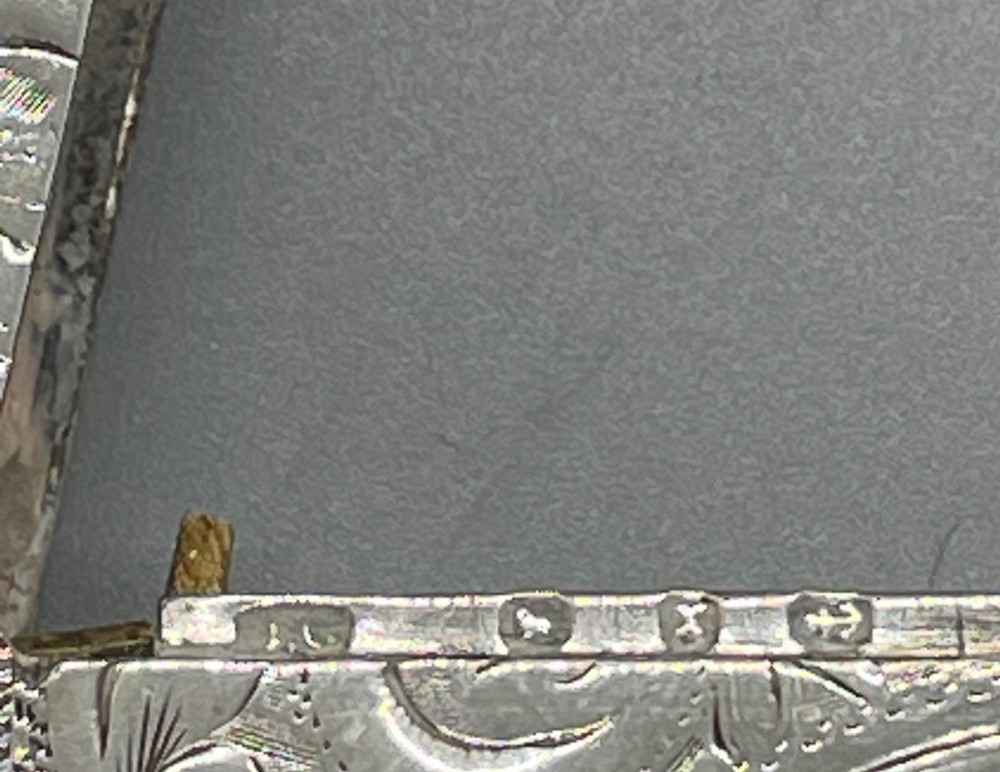 An upright rectangular sterling silver vesta case featuring hand-engraved foliate scrollwork, an unengraved cartouche, a hinged cover, and a side attachment ring. View VIII