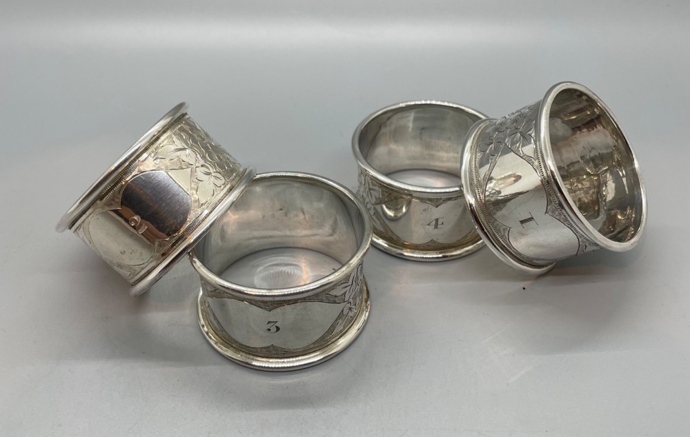 Edwardian set 4 silver numbered napkin rings Sheffield 1904 View IV