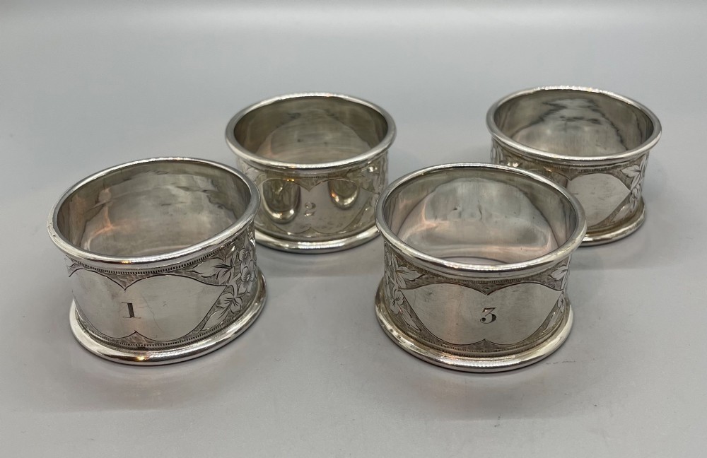 Edwardian set 4 silver numbered napkin rings Sheffield 1904 View XI