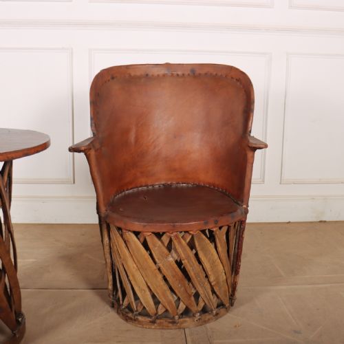 SPANISH LEATHER AND WILLOW ARMCHAIR AND TABLE SET - ADDITIONAL PHOTO 1