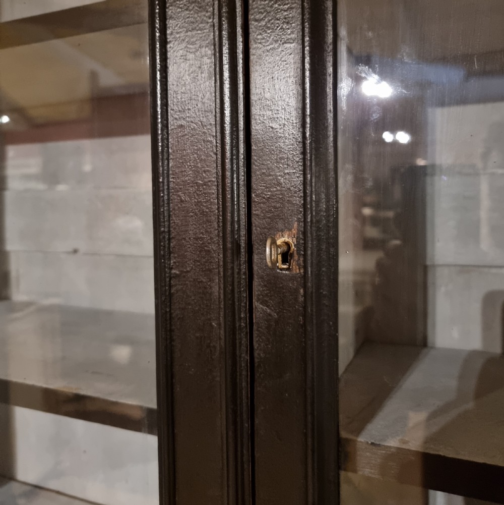 A large dark ebonised wooden breakfront library bookcase featuring glazed upper doors and panelled lower cupboard doors. View VI