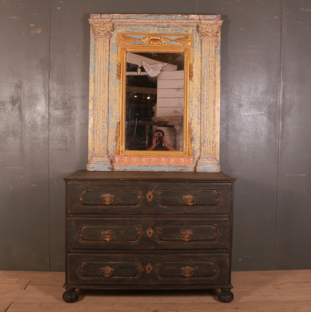 A large rectangular antique French mirror with fluted pilasters, carved gilded leaf mouldings, distressed duck egg blue paintwork, and a foxed glass plate. View VIII