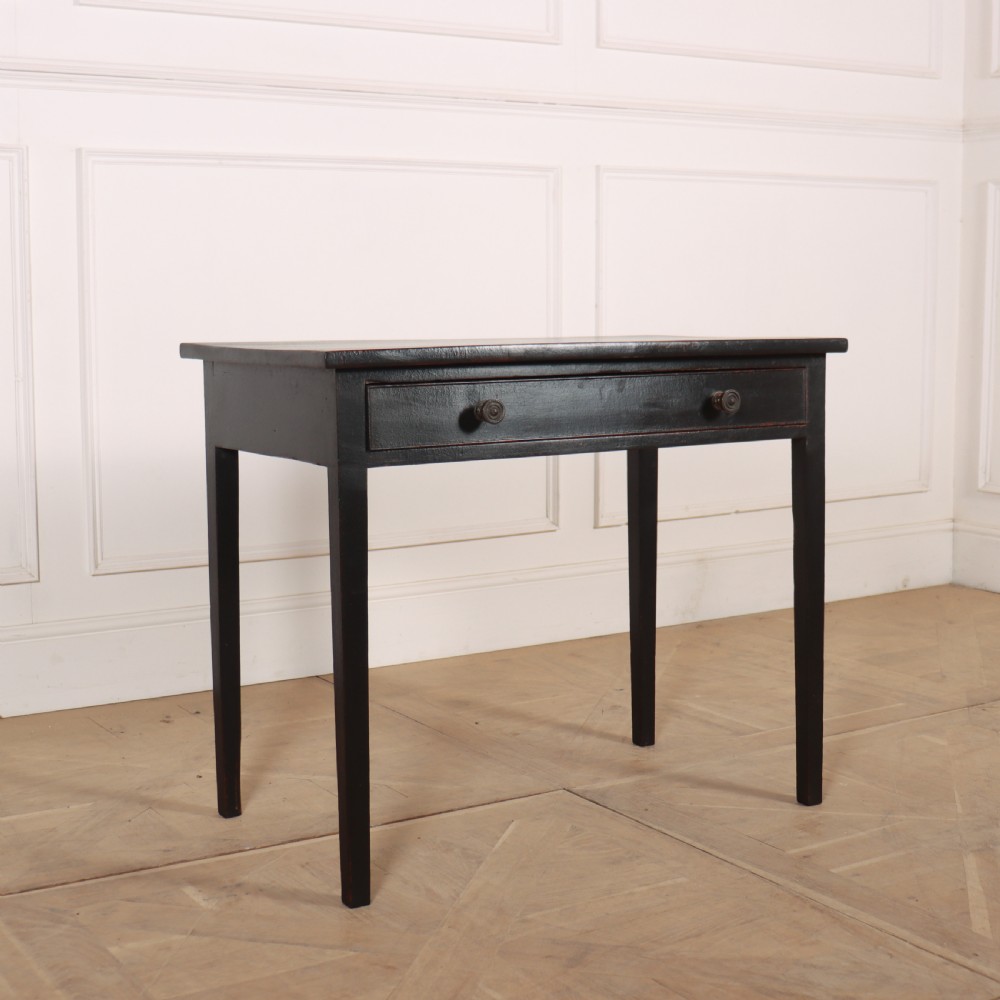 A dark painted rectangular wooden lamp table featuring a single frieze drawer with two circular metal knobs and four square legs. View II