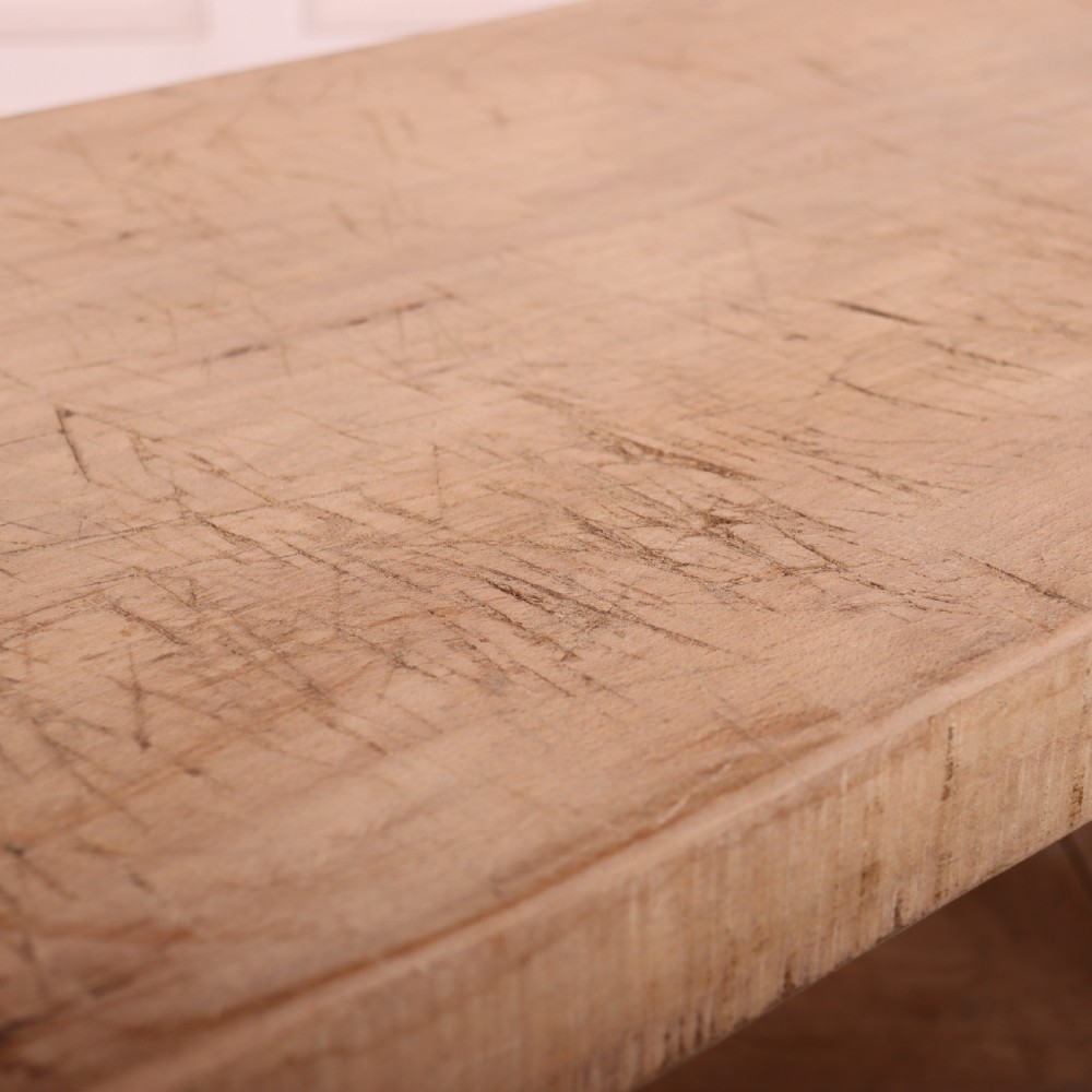 A French rustic trestle table made from scrubbed sycamore and elm with angled splayed legs and a thick rectangular wooden top. View V