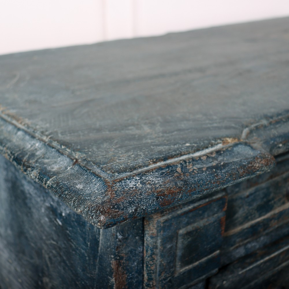 An 18th-century Portuguese serpentine commode featuring a blue painted finish, cabriole legs, and a carved apron. View VIII