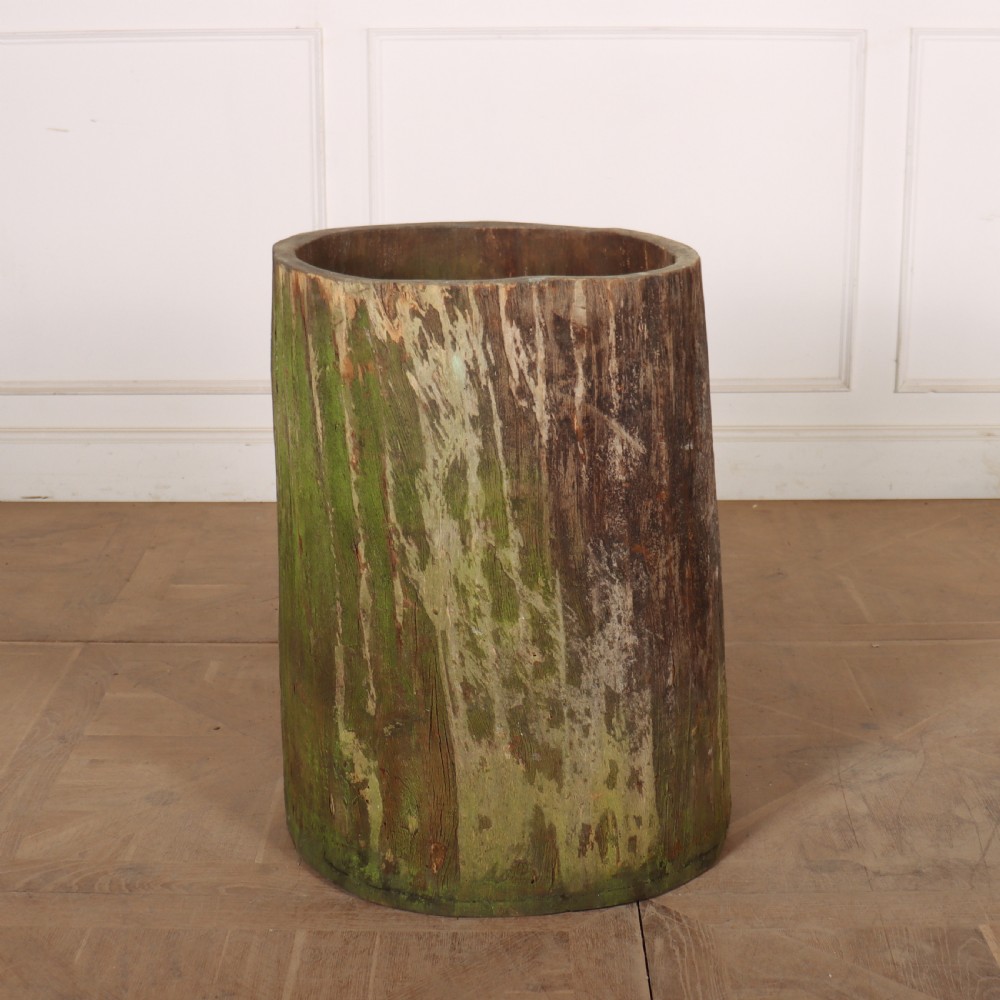 A vertical hollowed-out sycamore log planter with a weathered brown timber exterior and green patina highlights.