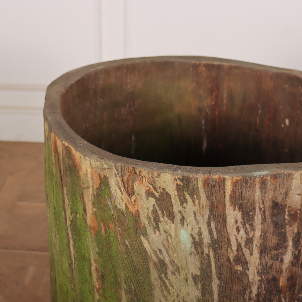 A vertical hollowed-out sycamore log planter with a weathered brown timber exterior and green patina highlights. View III