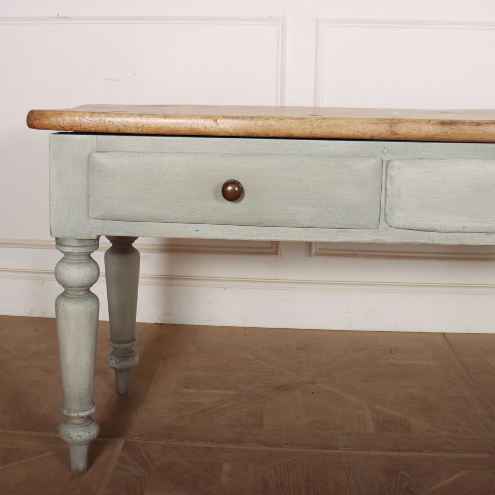 A 19th-century Welsh painted server featuring a natural wood top, three drawers with turned handles, and grey painted turned legs. View II