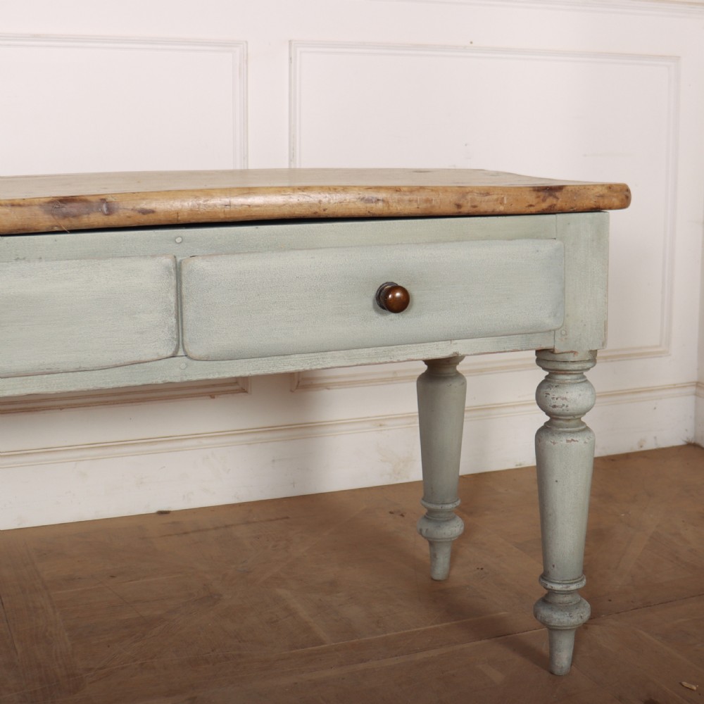A 19th-century Welsh painted server featuring a natural wood top, three drawers with turned handles, and grey painted turned legs. View III