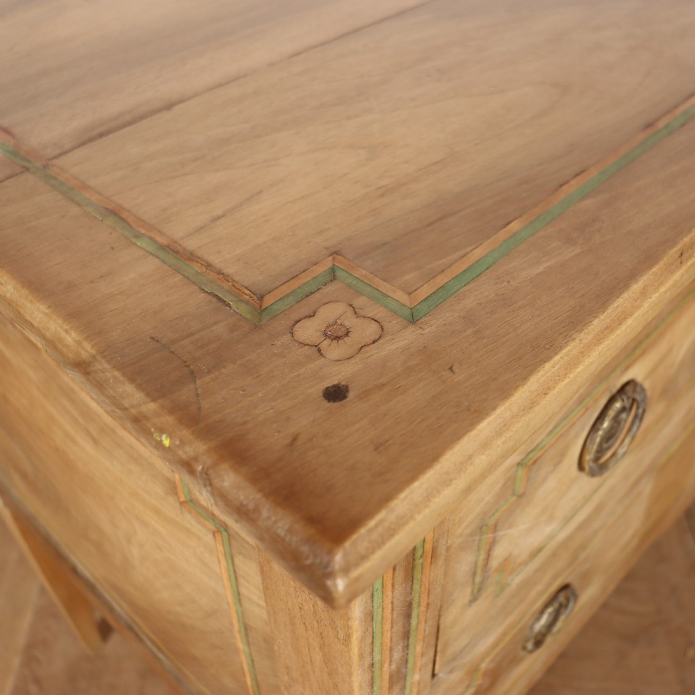 A 19th-century bleached walnut Italian commode featuring two wide drawers with painted border details, circular brass handles, and square tapered legs. View IX
