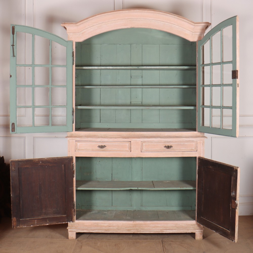 A nineteenth-century French painted glazed dresser featuring arched multi-pane glass doors with a green interior above two drawers and cupboard doors. View XIII