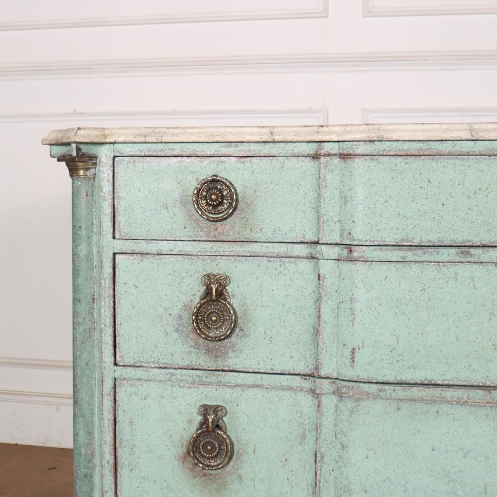 An 18th-century Dutch breakfront commode featuring a pale green painted finish, four drawers with brass ring handles, and a light marble top. View II