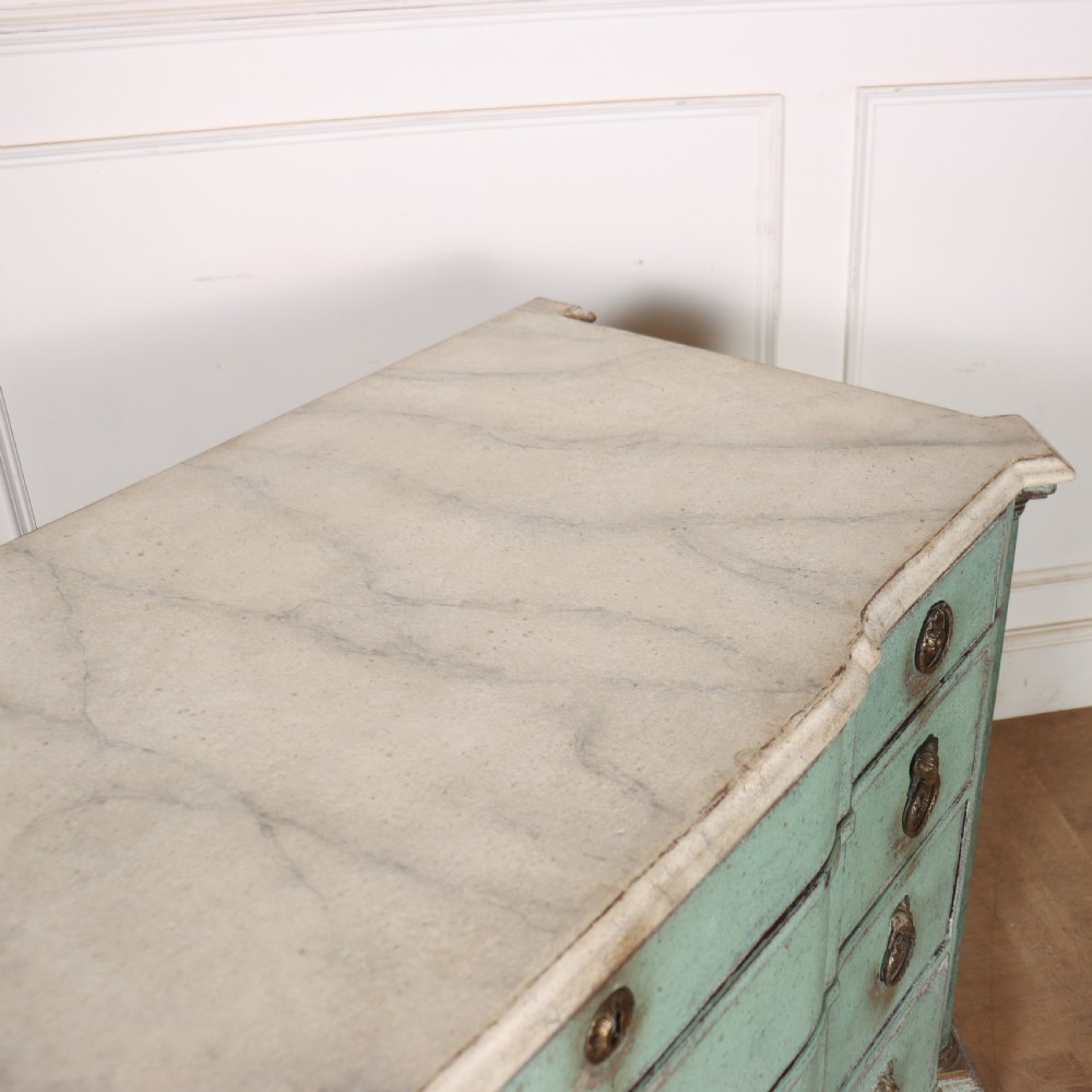 An 18th-century Dutch breakfront commode featuring a pale green painted finish, four drawers with brass ring handles, and a light marble top. View XIII