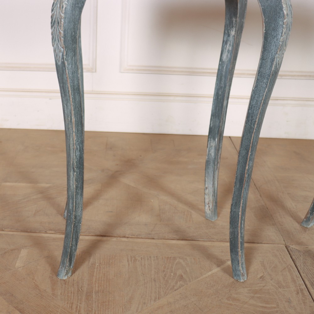 A pair of slim French painted wooden lamp tables featuring cabriole legs and oval marble tops. View VI