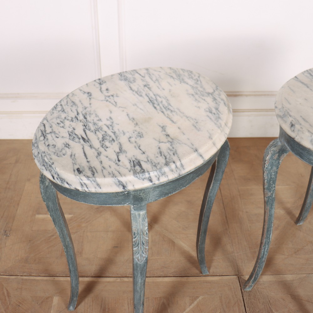 A pair of slim French painted wooden lamp tables featuring cabriole legs and oval marble tops. View VIII
