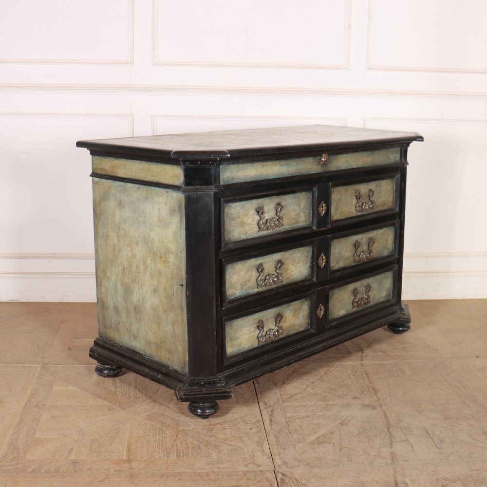 An 18th-century Italian three-drawer commode with a black painted frame, pale blue drawer panels, ornate brass handles, and bun feet. View VIII