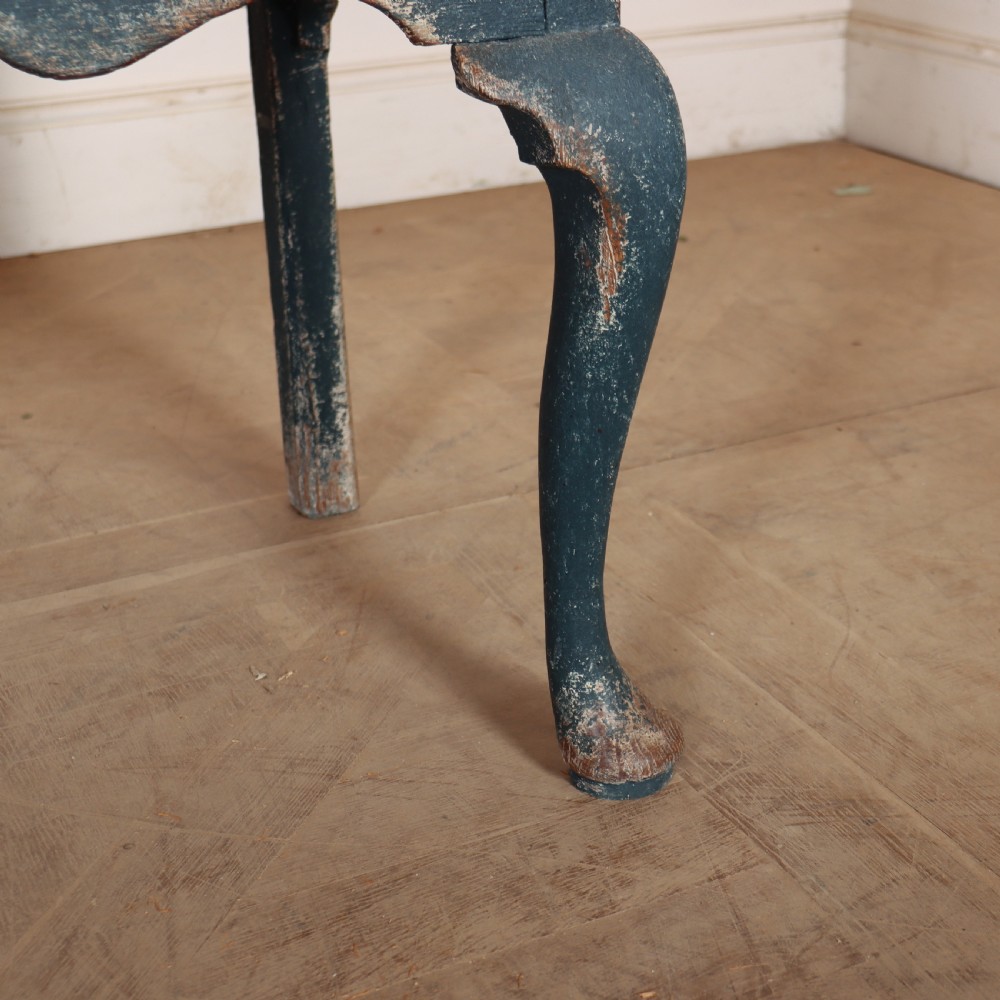 An antique blue-painted dresser base featuring three drawers with brass drop handles, a scalloped apron, and cabriole legs. View VII