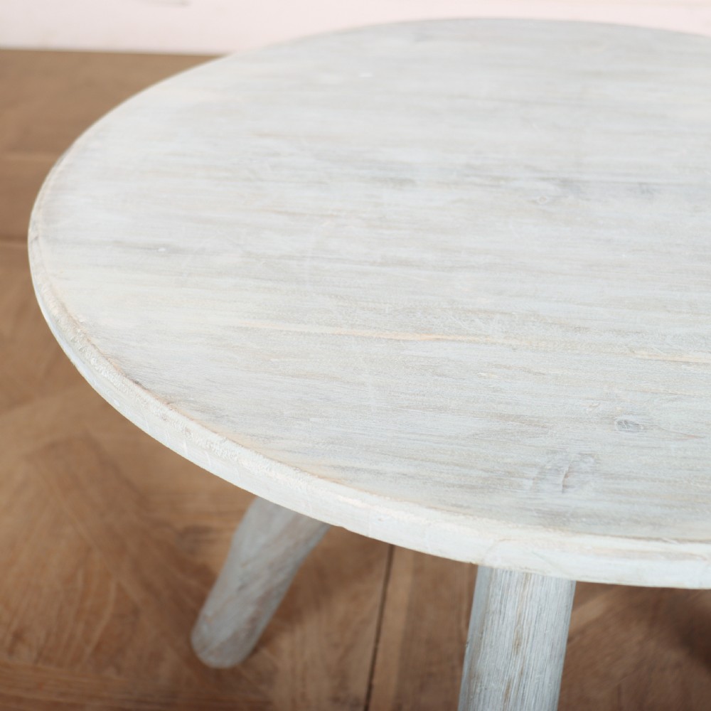A circular three-legged English cricket table with a pale blue-grey painted finish. View II