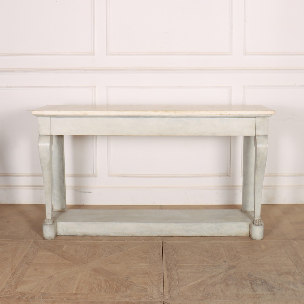A pale grey painted French console table featuring a light marble top slab, cabriole front legs, and a bottom plinth shelf. View II