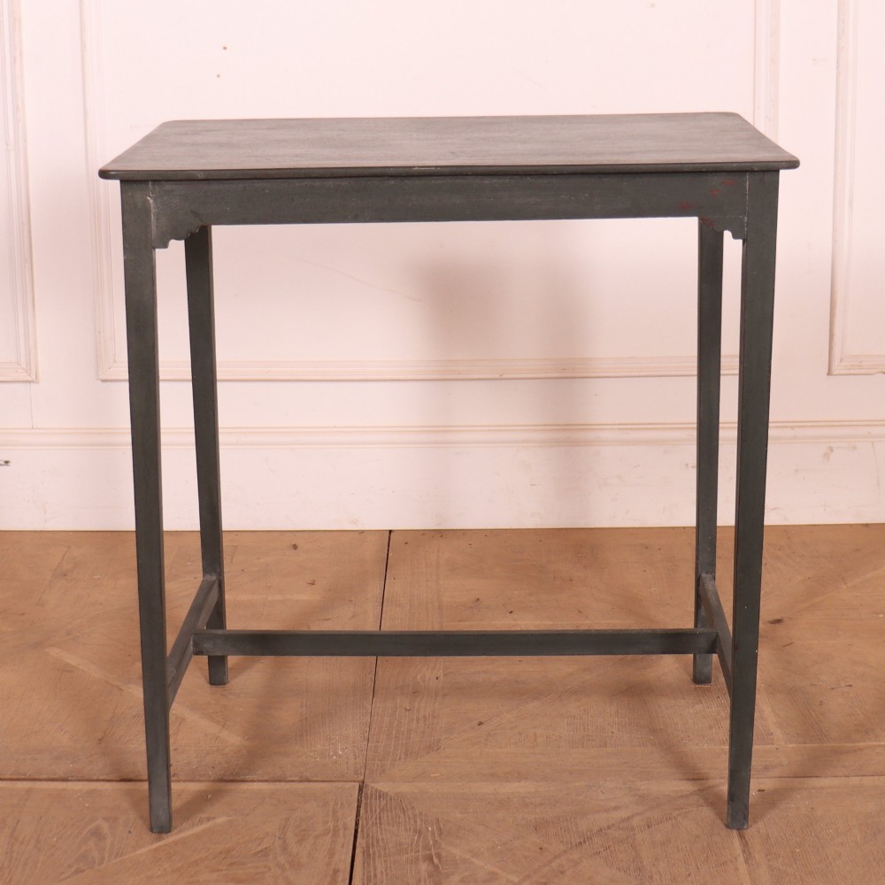 A tall rectangular dark grey painted oak lamp table featuring straight legs, subtle corner brackets, and a low H-stretcher base.