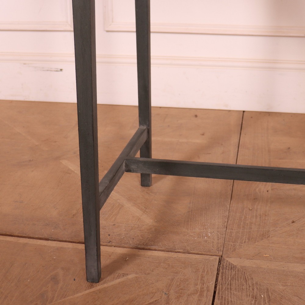 A tall rectangular dark grey painted oak lamp table featuring straight legs, subtle corner brackets, and a low H-stretcher base. View V