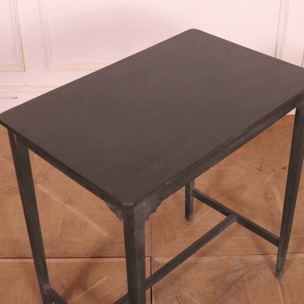 A tall rectangular dark grey painted oak lamp table featuring straight legs, subtle corner brackets, and a low H-stretcher base. View VII
