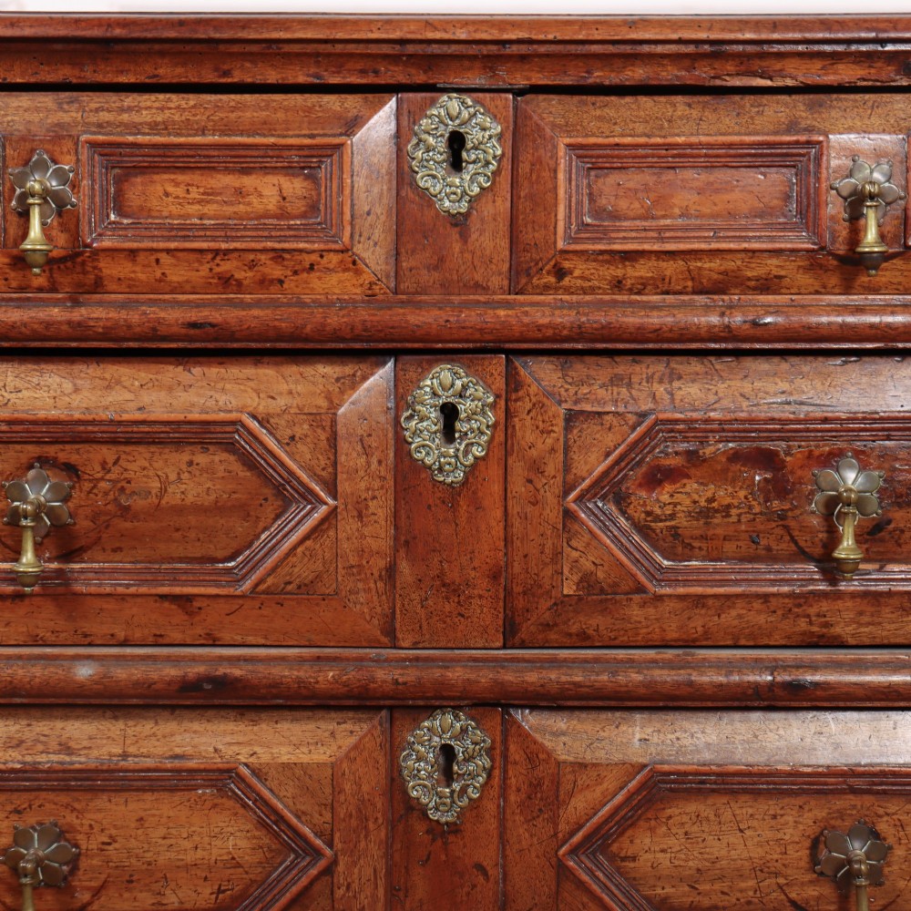 An eighteenth-century oak chest of drawers featuring geometric panelled drawer fronts, brass drop handles, brass escutcheons, and bracket feet. View VI