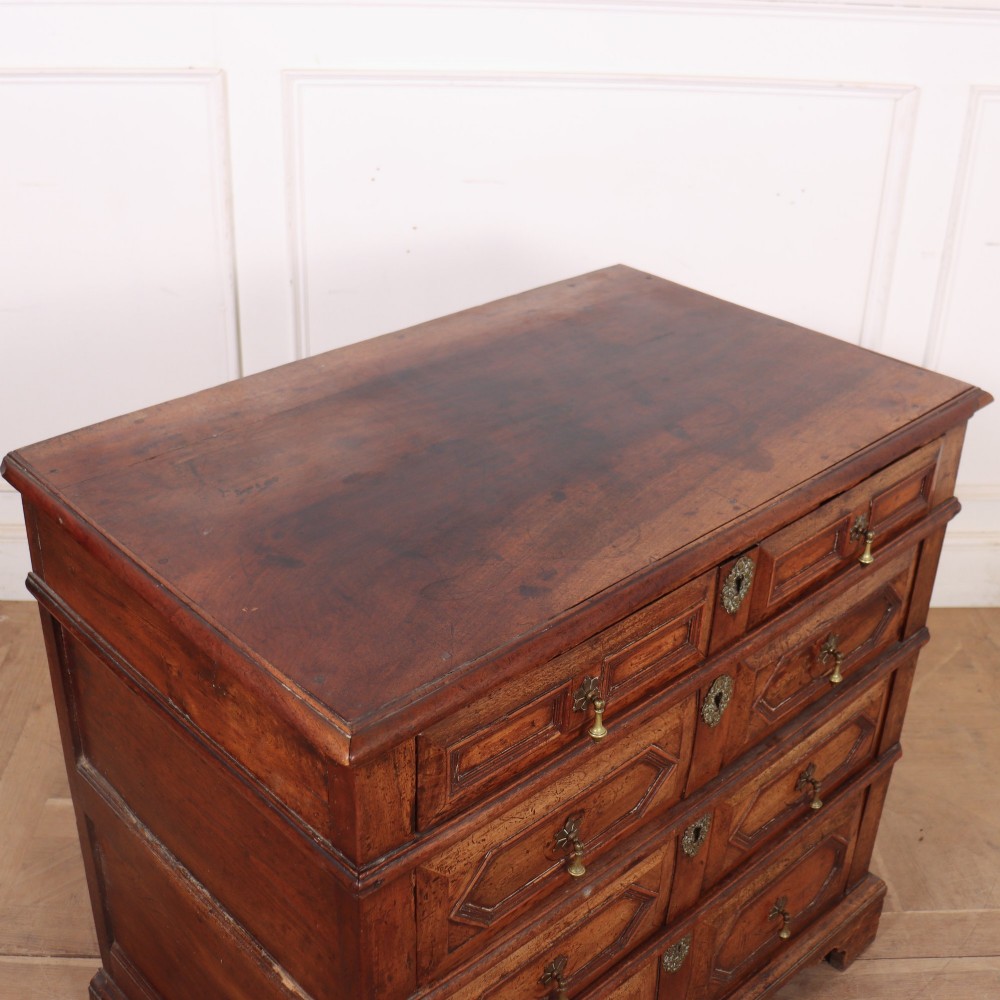 An eighteenth-century oak chest of drawers featuring geometric panelled drawer fronts, brass drop handles, brass escutcheons, and bracket feet. View VIII