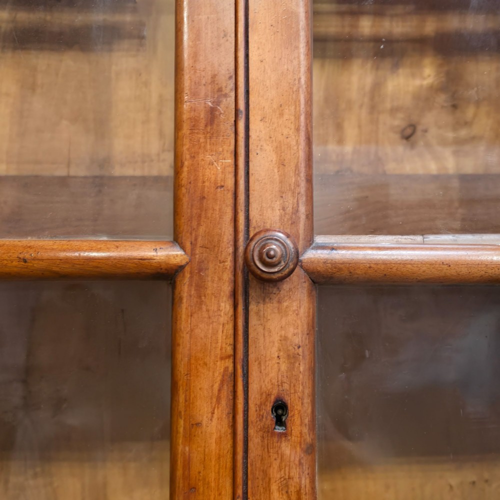 A large French walnut bookcase featuring six glazed upper doors above six panelled lower cupboard doors with carved scrollwork along the upper frieze. View X