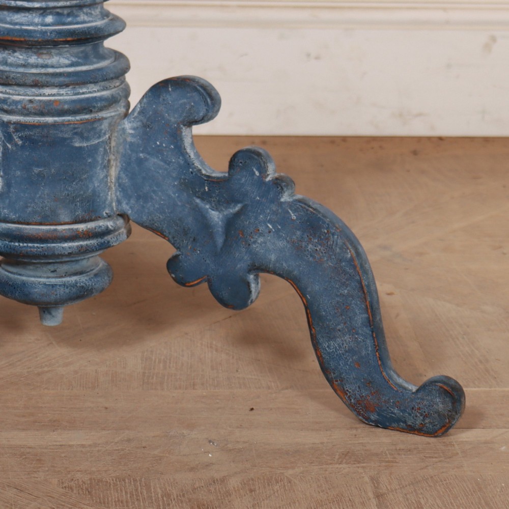 A Swedish blue painted occasional table featuring an oval top, turned central pedestal column, and carved tripod scroll legs. View III